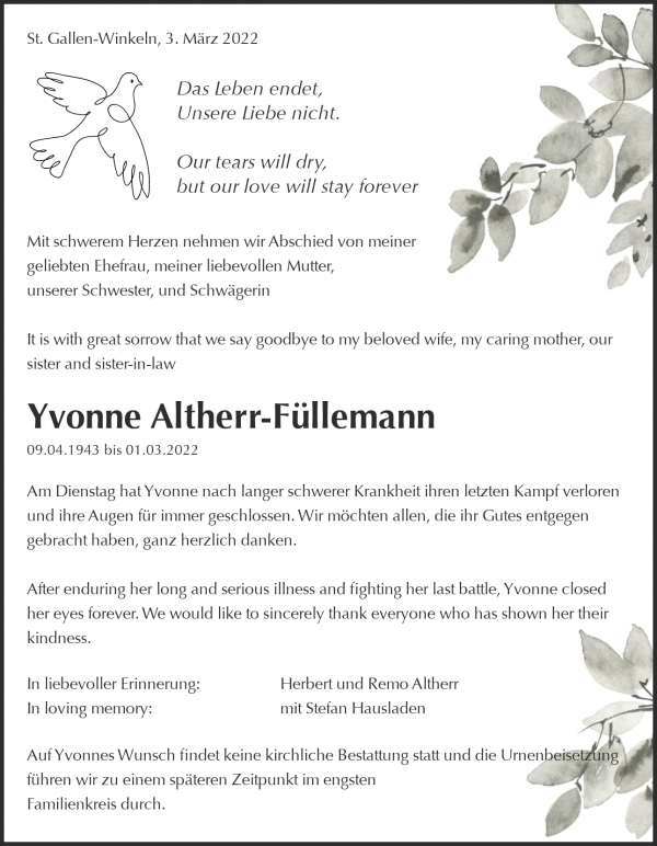 Avis de décès de Yvonne Altherr-Füllemann, St. Gallen