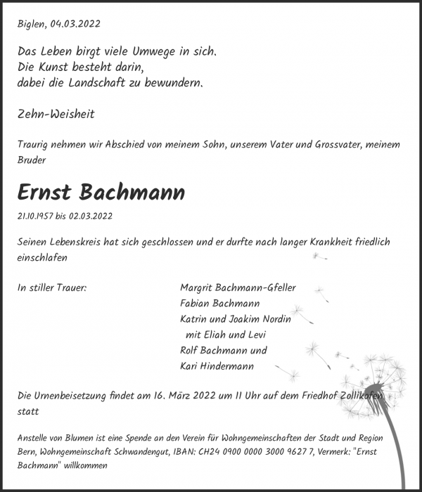 Avis de décès de Ernst Bachmann, Schüpfen