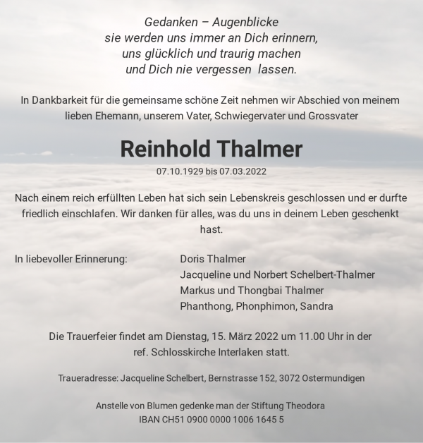 Avis de décès de Reinhold Thalmer, Interlaken