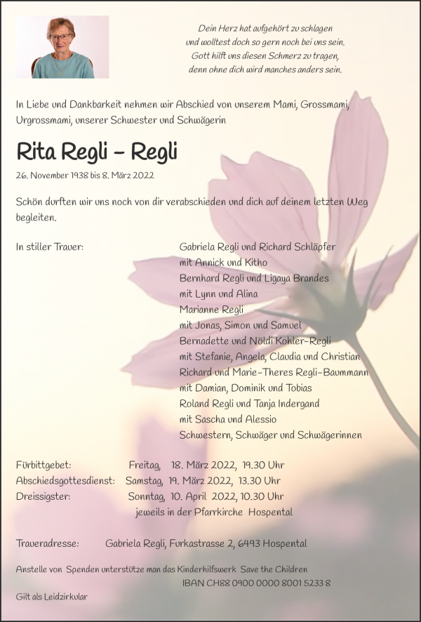 Obituary Rita Regli - Regli, Hospental