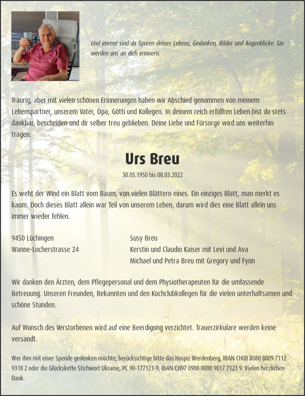 Avis de décès de Urs Breu, Lüchingen