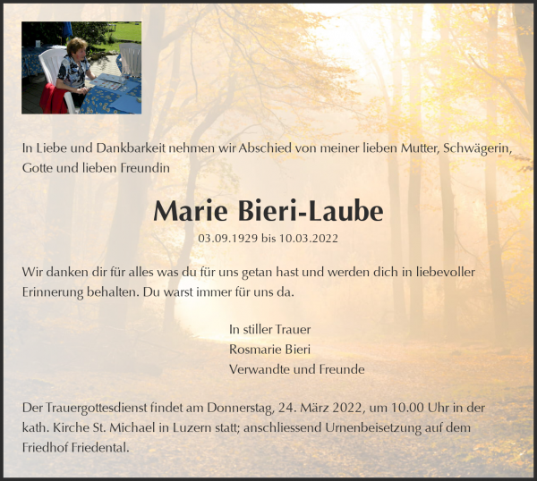 Avis de décès de Marie Bieri-Laube, Luzern