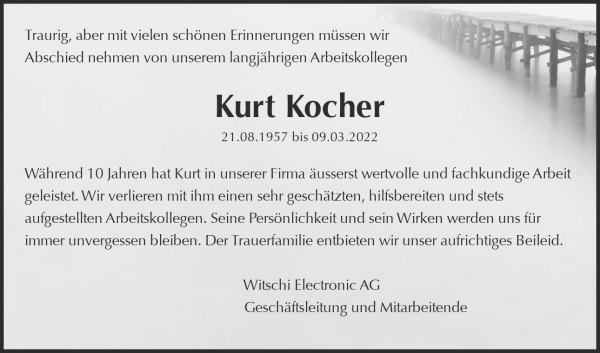 Avis de décès de Kurt Kocher, Büren an der Aare