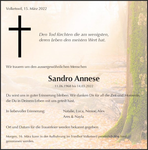 Avis de décès de Sandro Annese, Volketswil