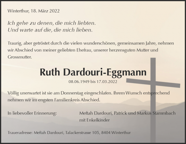 Avis de décès de Ruth Dardouri-Eggmann, Winterthur