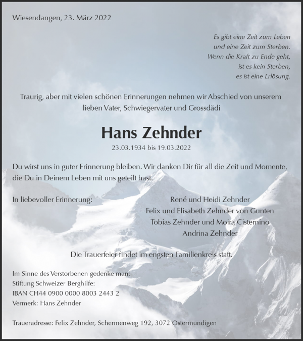 Todesanzeige von Hans Zehnder, Elgg
