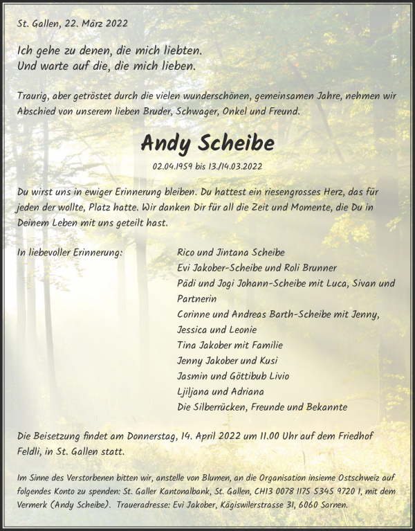 Avis de décès de Andy Scheibe, St. Gallen