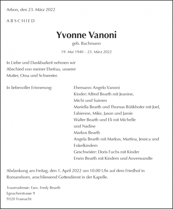 Avis de décès de Yvonne Vanoni, Uttwil