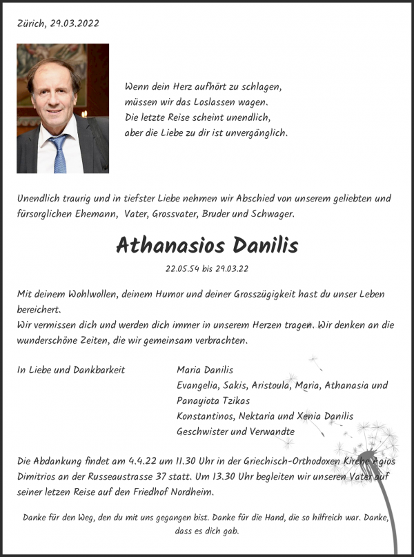 Todesanzeige von Athanasios Danilis, Zürich
