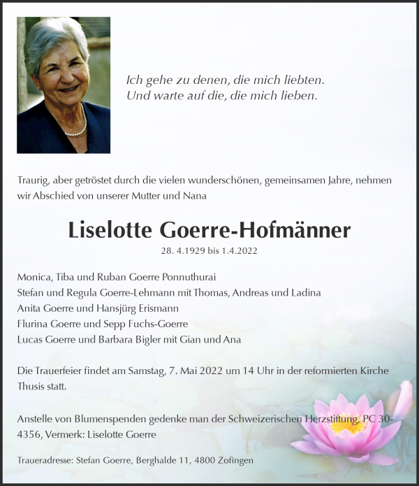 Avis de décès de Liselotte Goerre-Hofmänner, Thusis