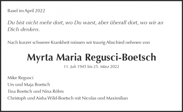 Avis de décès de Myrta Maria Regusci-Boetsch, Losone