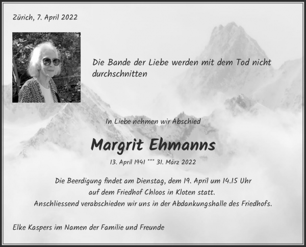 Todesanzeige von Margrit Ehmanns, Zürich