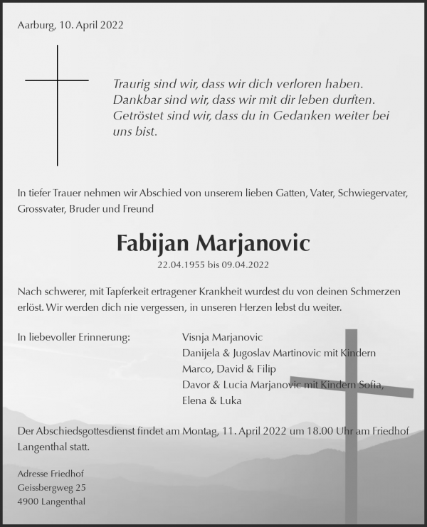 Necrologio Fabijan Marjanovic, Aarburg