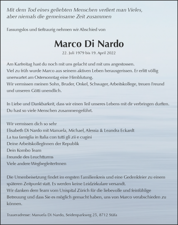 Obituary Marco Di Nardo, Zürich