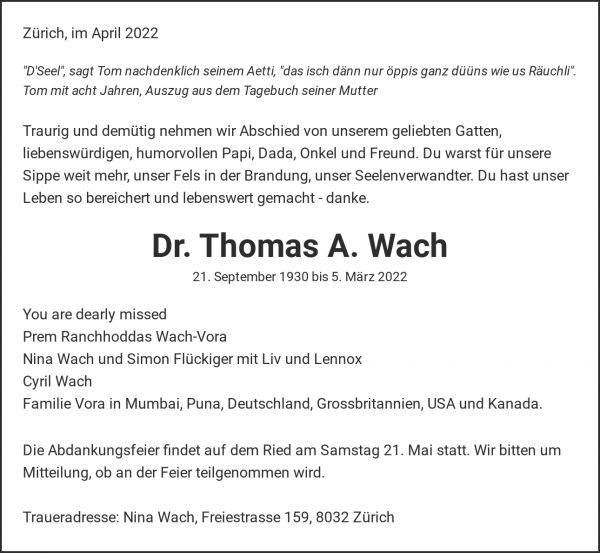 Avis de décès de Dr. Thomas A. Wach, Zuerich