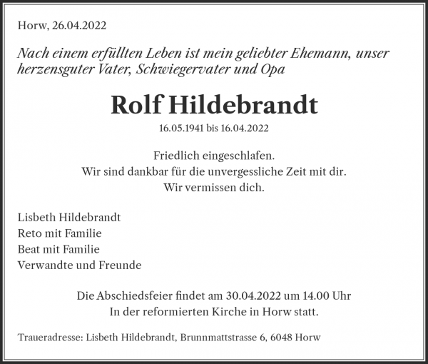 Avis de décès de Rolf Hildebrandt, Horw