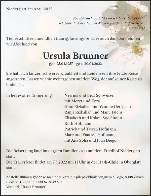 Obituary Ursula Brunner, Niederglatt
