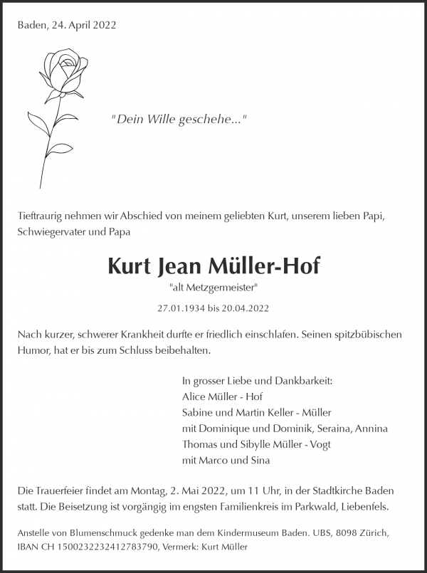 Avis de décès de Kurt Jean Müller-Hof, Baden