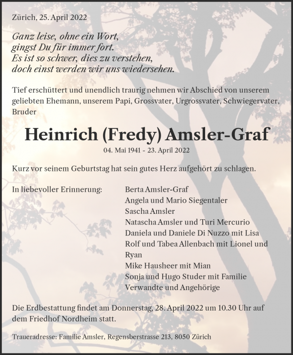 Avis de décès de Heinrich (Fredy) Amsler-Graf, Zürich