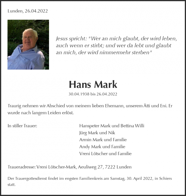 Todesanzeige von Hans Mark, Lunden