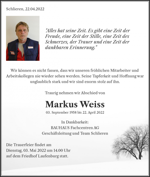 Obituary Markus Weiss, Schlieren