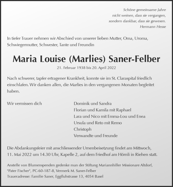 Avis de décès de Maria Louise (Marlies) Saner-Felber, Basel