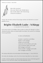 Avis de décès Brigitte Elisabeth Laube - Schüepp, Oetwil a. d. Limmat