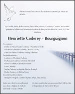 Avis de décès Henriette Coderey - Bourguignon, Gilly