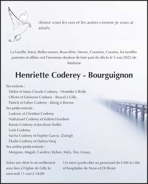 Obituary Henriette Coderey - Bourguignon, Gilly