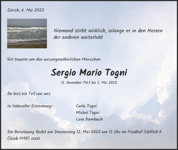 Todesanzeige von Sergio Mario Togni, Zürich