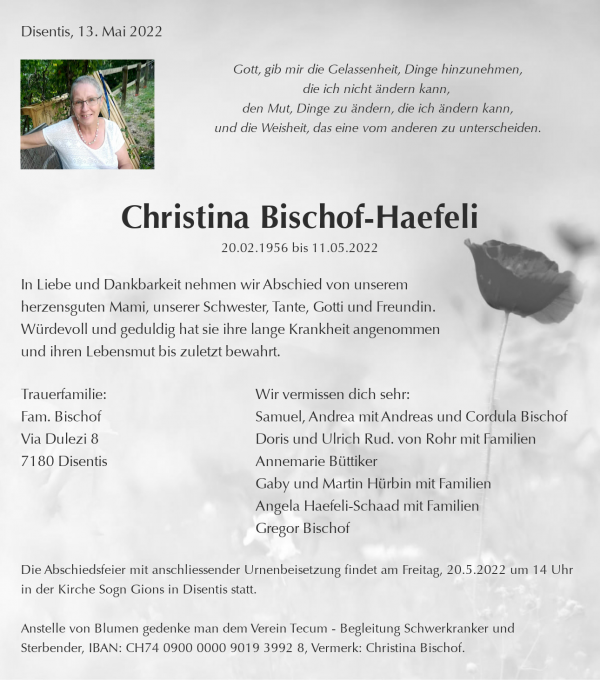 Avis de décès de Christina Bischof-Haefeli, Disentis