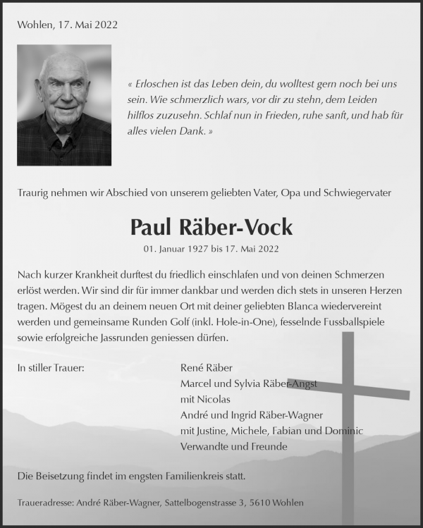 Obituary Paul Räber-Vock, Wohlen