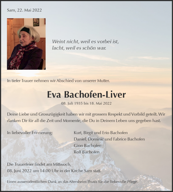 Avis de décès de Eva Bachofen-Liver, Sarn