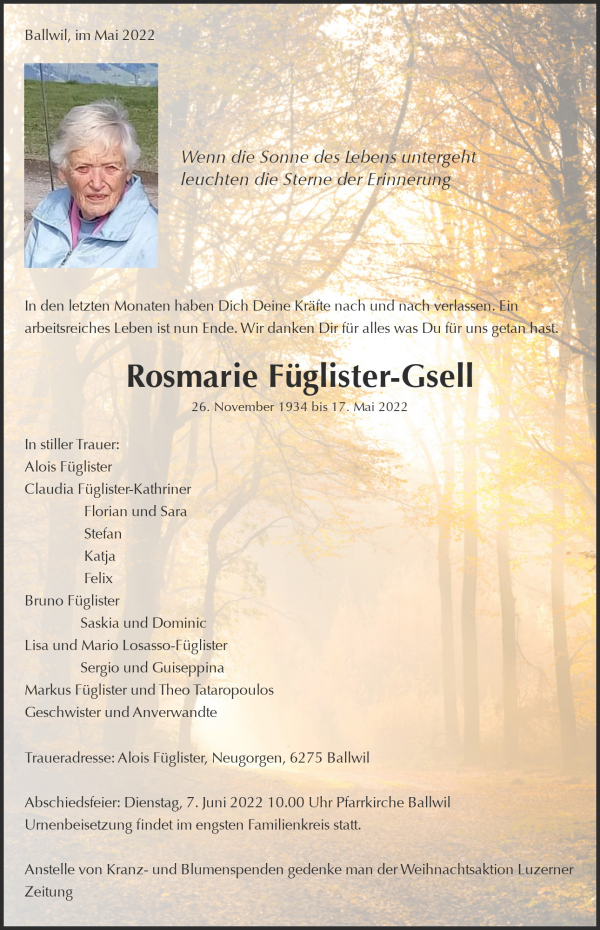 Avis de décès de Rosmarie Füglister-Gsell, Ballwil