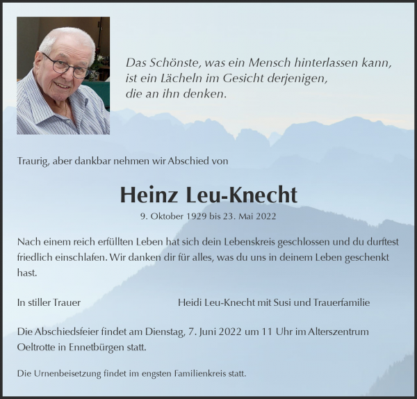 Avis de décès de Heinz Leu-Knecht, Ennetbürgen