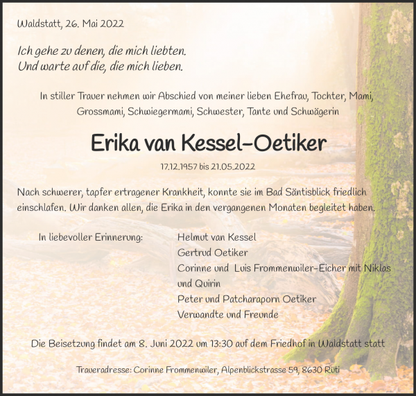 Todesanzeige von Erika van Kessel-Oetiker, Waldstatt