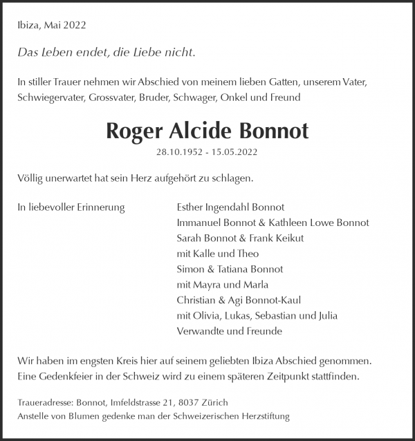 Todesanzeige von Roger Alcide Bonnot, Pfäffikon SZ