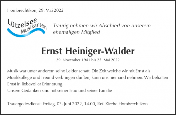 Todesanzeige von Ernst Heiniger-Walder, Hombrechtikon