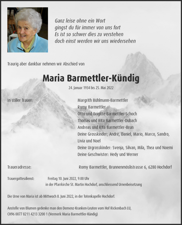Todesanzeige von Maria Barmettler-Kündig, Hochdorf