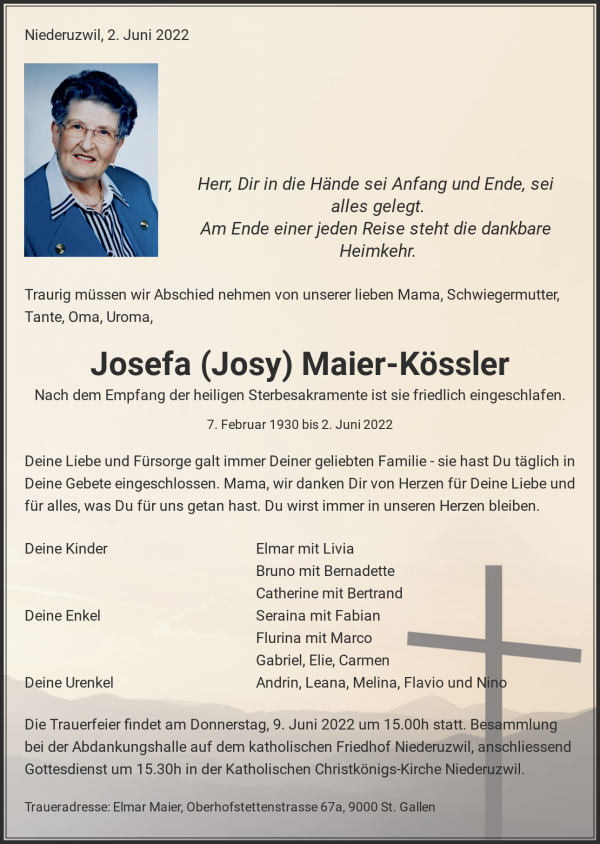 Necrologio Josefa (Josy) Maier-Kössler, Niederuzwil