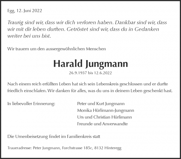 Todesanzeige von Harald Jungmann, Forch