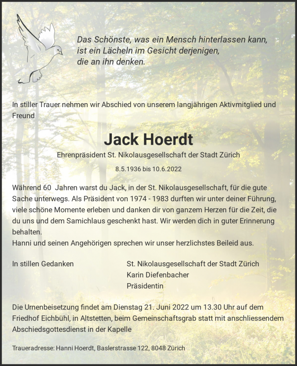 Todesanzeige von Jack Hoerdt, Zürich