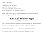 Todesanzeige Kurt Kall Schwertfeger, Zurich
