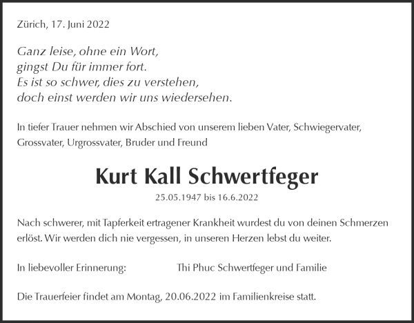Todesanzeige von Kurt Kall Schwertfeger, Zurich