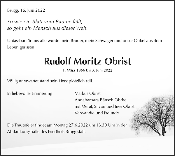 Avis de décès de Rudolf Moritz Obrist, Brugg