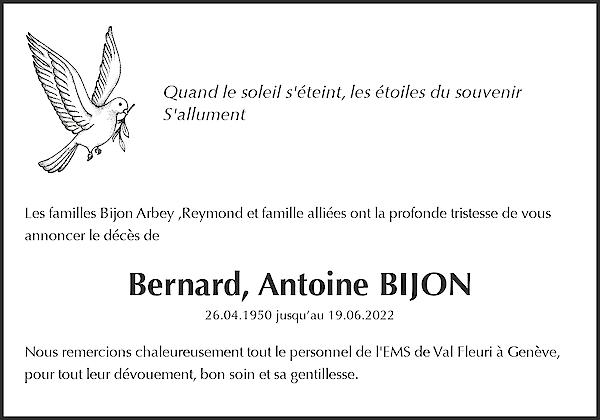 Avis de décès de Bernard, Antoine BIJON, EMS Val Fleuri