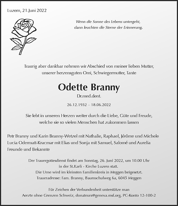 Todesanzeige von Odette Branny, Horw