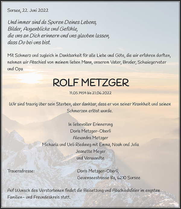 Obituary ROLF METZGER, Sursee