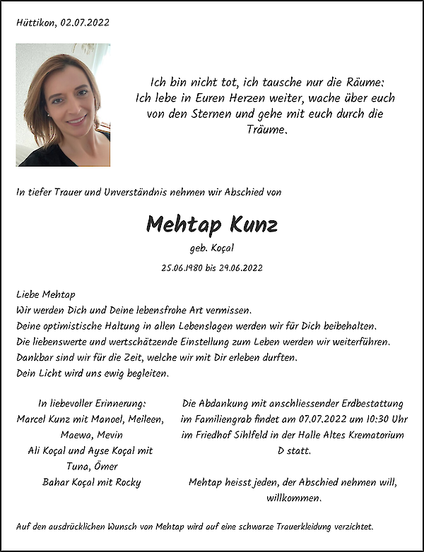 Obituary Mehtap Kunz, Hüttikon