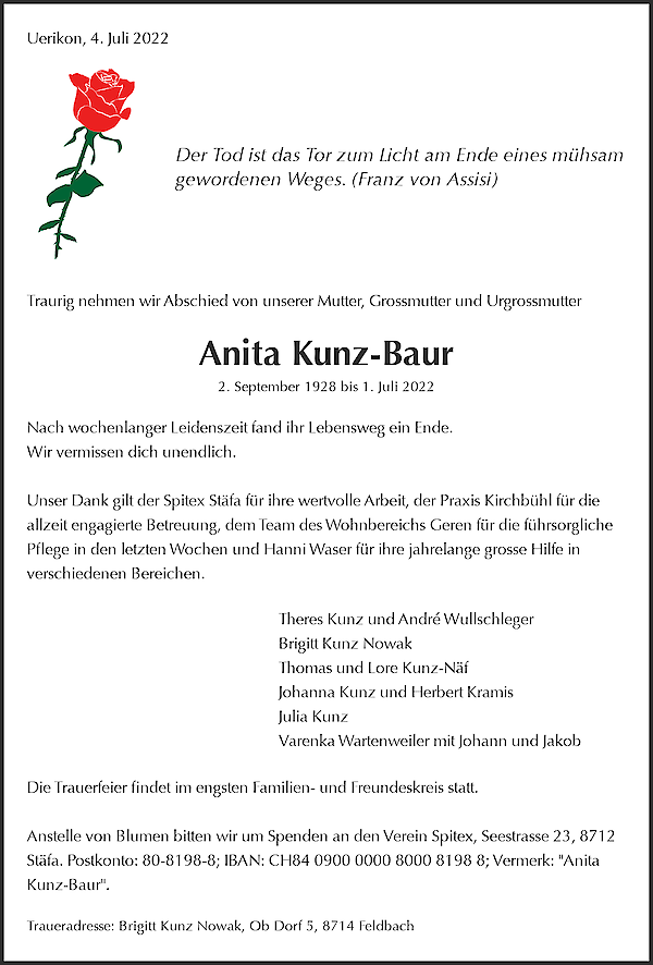 Avis de décès de Anita Kunz-Baur, Uerikon